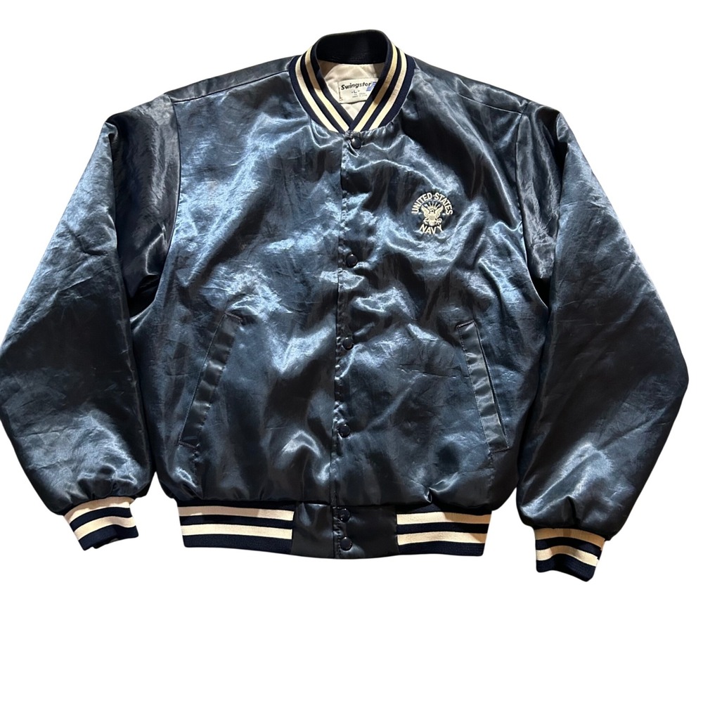 Swingster Bomber Jacket Men Large Navy Blue US Navy Satin Varsity USA Made